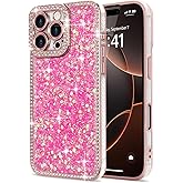 Lafunda for iPhone 16 Pro Max Case Glitter, Luxury Shiny Bling Sparkly Bumper Cover with Crystal Diamonds for Women Girls Soft Slim Shockproof Protective Phone Case for iPhone 16 Pro Max 6.9" Hot Pink