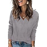 AKEWEI Womens V Neck Sweaters Long Sleeve Lightweight Knit Pullover Tops with Decorative Buttons