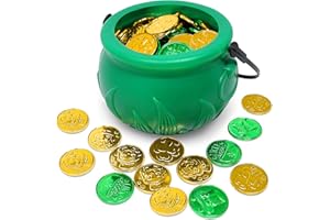 JOYIN 208 St Patrick’s Day Lucky Leprechaun Plastic Coins and 1 Large Green Cauldron with Handle Saint Patricks Pot of Gold Party Supplies