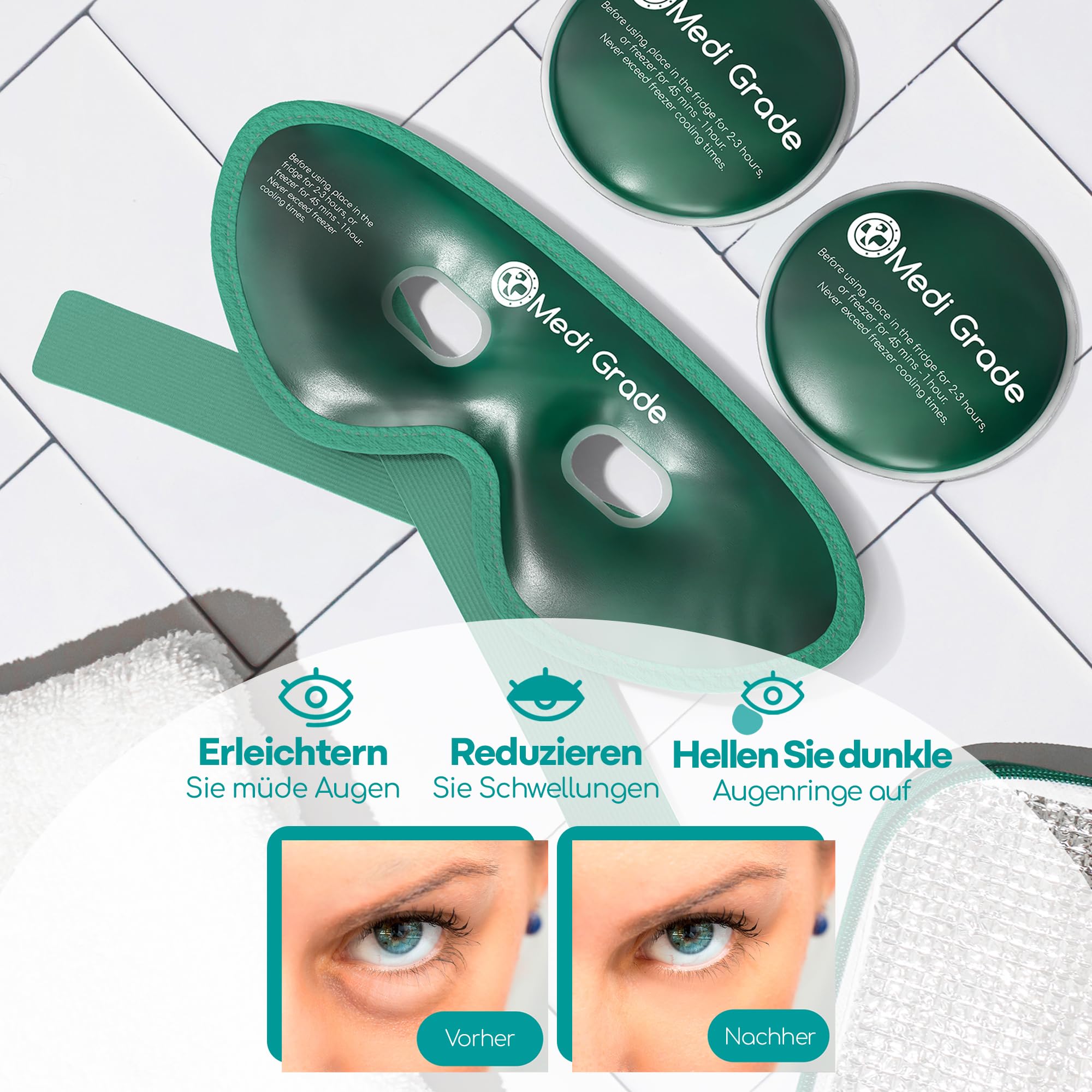Medi Grade Kühlmaske Gesicht - Gel Augenmaske Kühlend Wiederverwendbar mit 2x Augen Kühlpads, 1 Lycra-Gewebe, Kühlende Aufbewahrungstasche - Entspannung zu Hause Augenkühlmaske mit Bänder 6