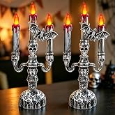 2 Pack Halloween Candles Flameless Table Centerpieces Decorations Indoor | Halloween Decor Skull Bat Candelabra Holder LED Lights Battery Operated Flickering Lamp Home Party Mantel Haunted Mansion
