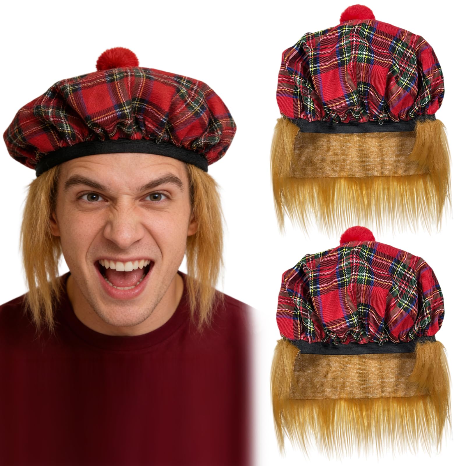 GYIOFAI 2 Pcs Red Tartan Hat With Ginger Hair, Tartan Beret with Elastic Band, Scot Hat With Wig, Scottish Fancy Dress, Scotland Sport Supporter Cap, for St Andrews Day, Scotland Burns Night (Red)