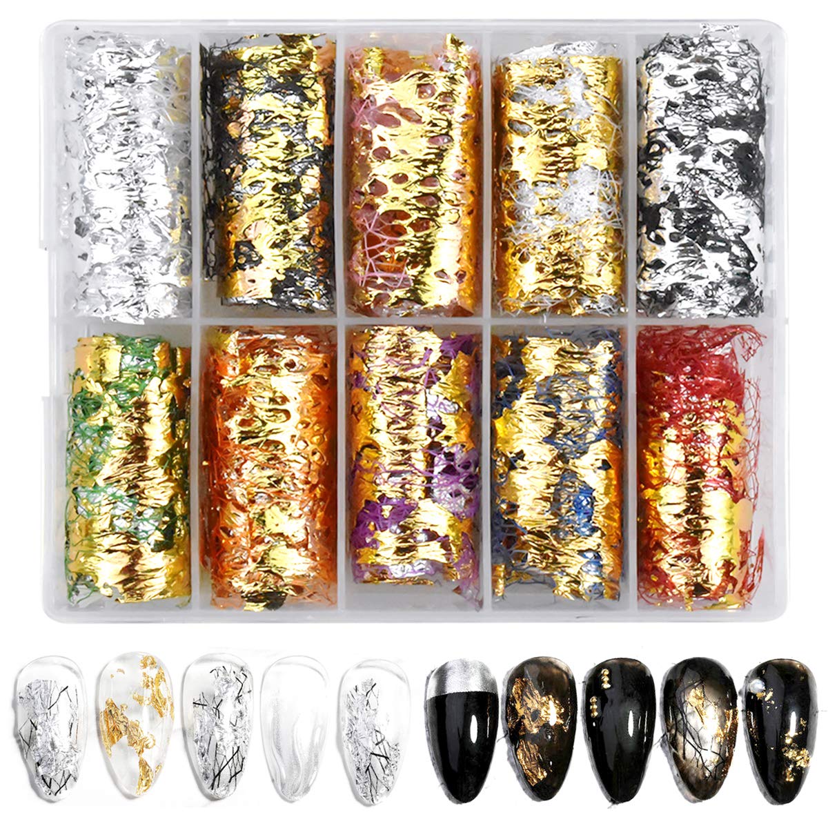 HQdeal 10 roll Foil Nail Art Chip Giltter Mesh Nail Gold Silver Leaf Nets for Shining DIY Foil Nail Art Design Decorations
