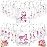 Sunnymove 24 Pcs Breast Cancer Awareness Gift Bags with Handles Bulk Clear Breast Cancer Tote Bags Pink Ribbon Transparent Reusable PVC Bag for Women Charity Event Survivor Campaign Party Supplies
