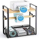 CACHOLIV Label Holder for Thermal Printer - Sticker Roll Dispenser with Drawer - Shipping Lable Holder for Rolls and FanFold Labels - Thermal Printer Stand for Home, Office, Small Business (Bamboo-Black)