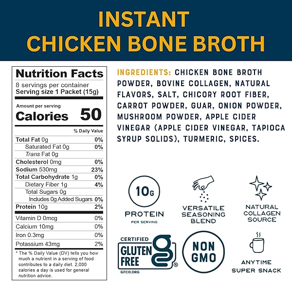 BARE BONES CHICKEN BONE BROTH INSTANT POWDERED MIX | RICH SAVORY PACKETS ON-THE-GO NO ARTIFICIAL FLAVORS | 100% GRASS FED KETO & PALEO FRIENDLY | 10G PROTEIN | 4 PACK
