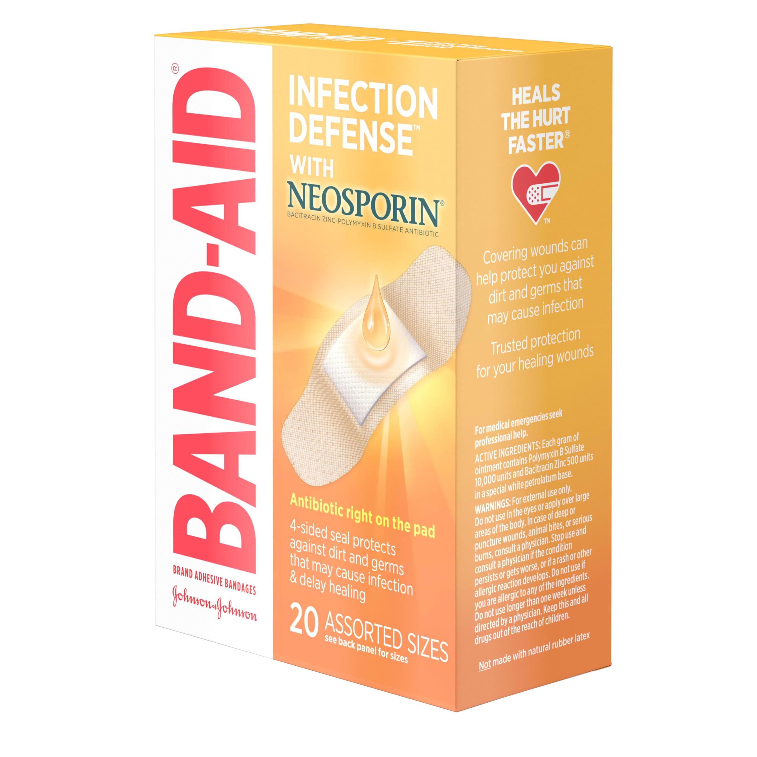 Band-Aid Brand Adhesive Bandages Infection Defense with Neosporin Antibiotic Ointment, Pack of Assorted Sizes, for Wound Care and First Aid, 20 ct
