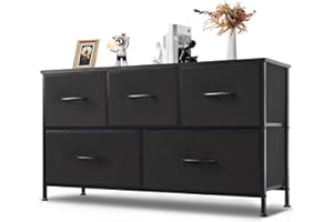 Zibbizo Dresser for Bedroom, 5 Storage Drawers, Anti-Tip Wide Fabric Closet Chests Organizer Tower Furniture with Wooden Top Metal Frame for Clothes, Living Room, Hallway, Entryway