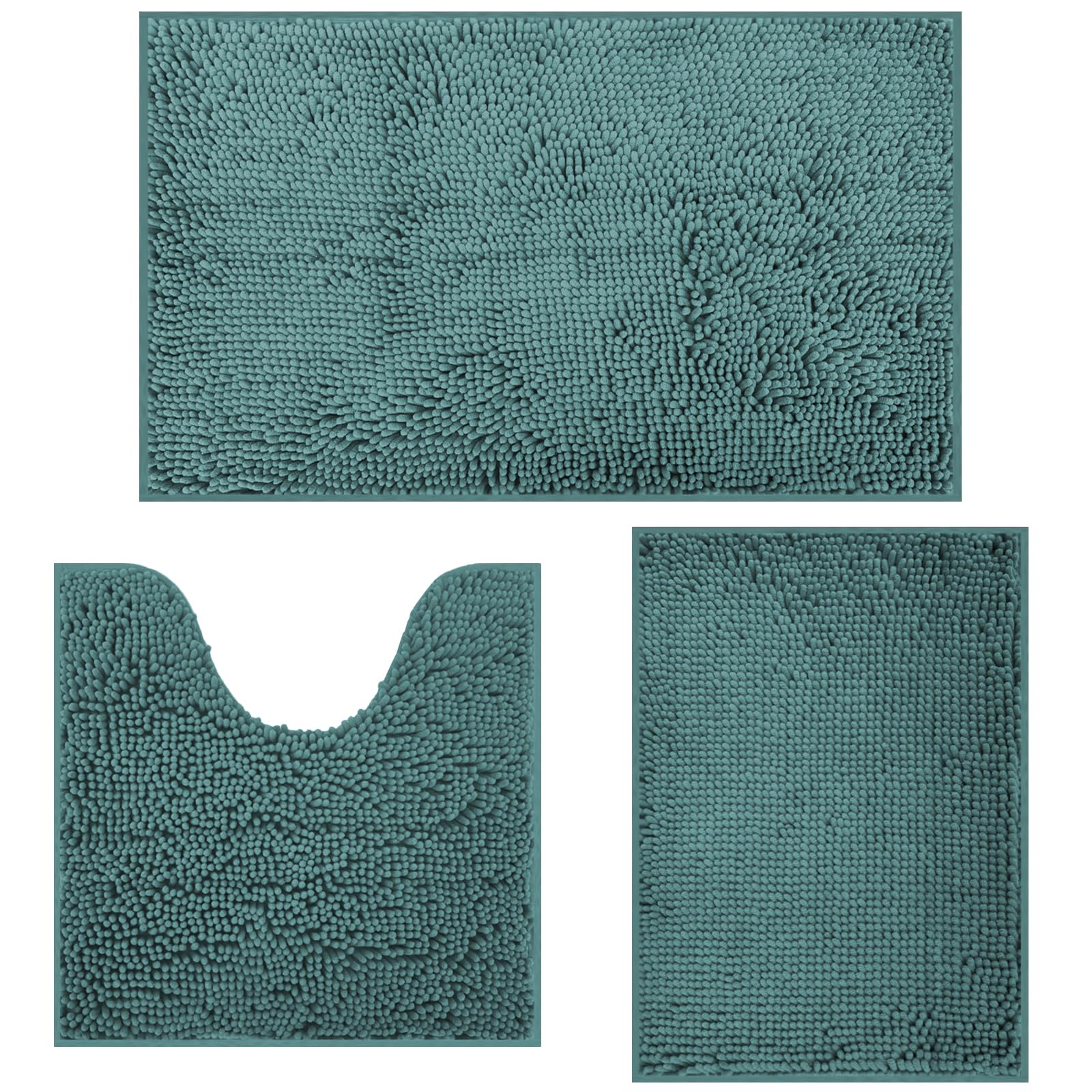 RUN HELIX Ultra Soft Chenille Bath Mat Non Slip, Bath Mat Set 3 Piece, Shaggy Bathroom Mats, Absorbent Bath Mats for Bathroom, Fluffy Bathrooms Mat Set with U-Shaped Toilet Rug (Dark Green)