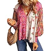 Women's Fall Fashion Floral Long Sleeve Tops V Neck Patchwork Basic T-Shirts Blouse Tops