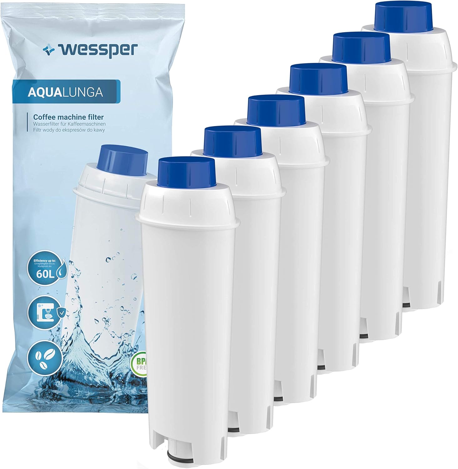 Wessper Kaffeemaschinenwasserfilterersatz Kompatibel mit DeLonghi DLSC002, SER3017 &amp; 5513292811 - einschließlich Versionen der ECAM, ESAM, ETAM Serie (6er Pack)