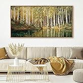 YCPRIMER Forest Canvas Wall Art - Birch Tree Lakeside Landscape Picture Green and Yellow Nature Painting Artwork Forest Wall Decor for Bedroom Living Room Decoration 24×48inch