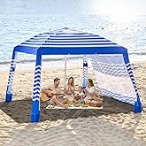 Beach Cabana 8'×8', Portable Beach Canopy Easy Pop Up, Beach Tent Sun Shelter with Side Wall, Beach Umbrella Tent with Silver‑Coated Fabric for Family, Wind Resistant (Light Blue)