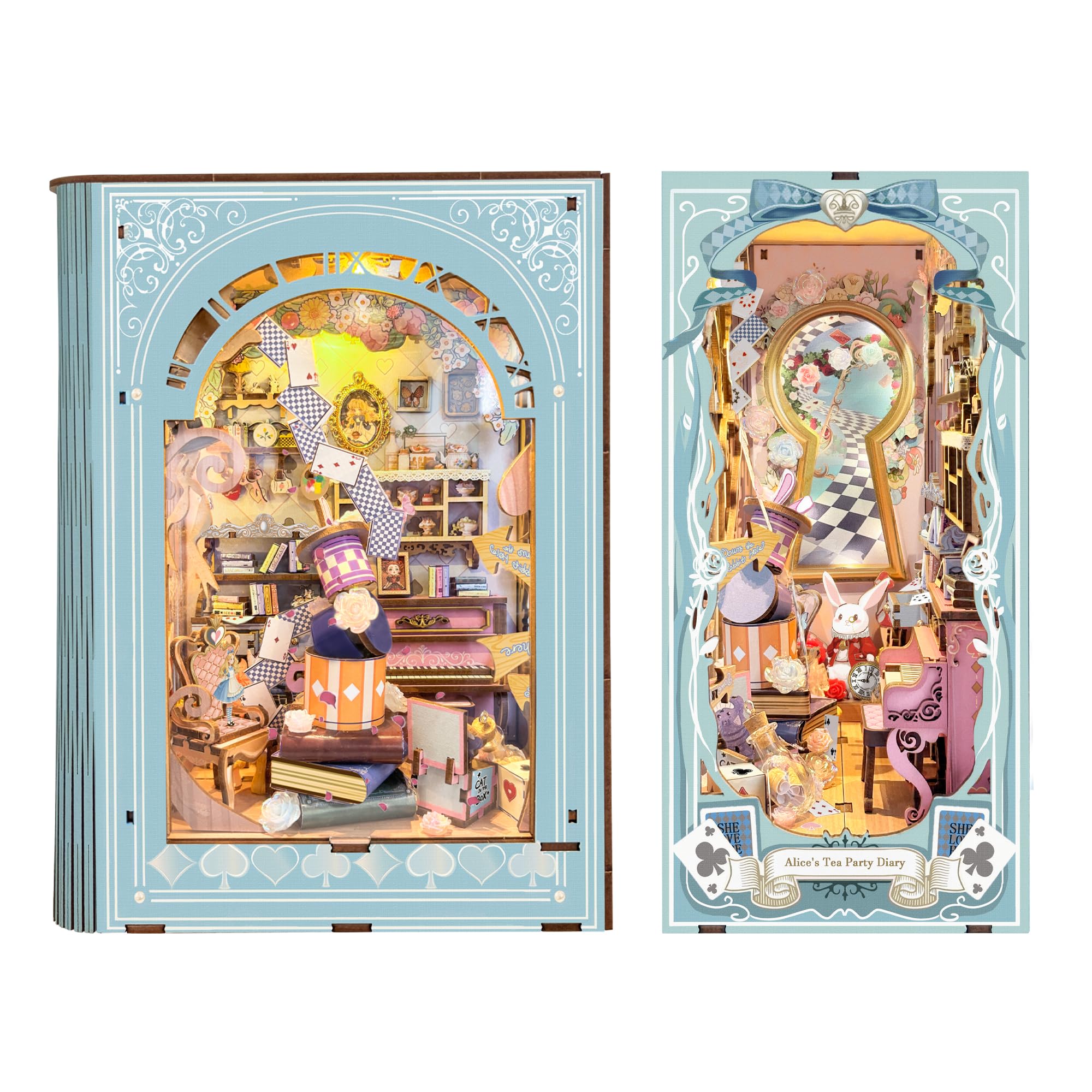 Book Nook Kits for Adults, Booknook DIY Miniature House Kit, Mini House Bookshelf Decor 3D Wooden Puzzle, Birthday Gift for Family, Friends -Alice's Tea Party Diary