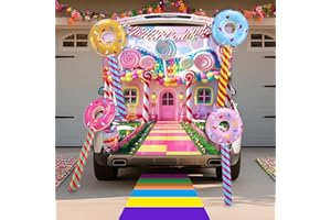 VIORAWHITE Halloween Candytown Trunk or Treat Decorations Kit Outdoor Candy Trunk or Treat Decoration with Sweet Candy Lollipop Banner Balloon Sticker for Suv Car Archway Garage Door Haunted House Party Supplies