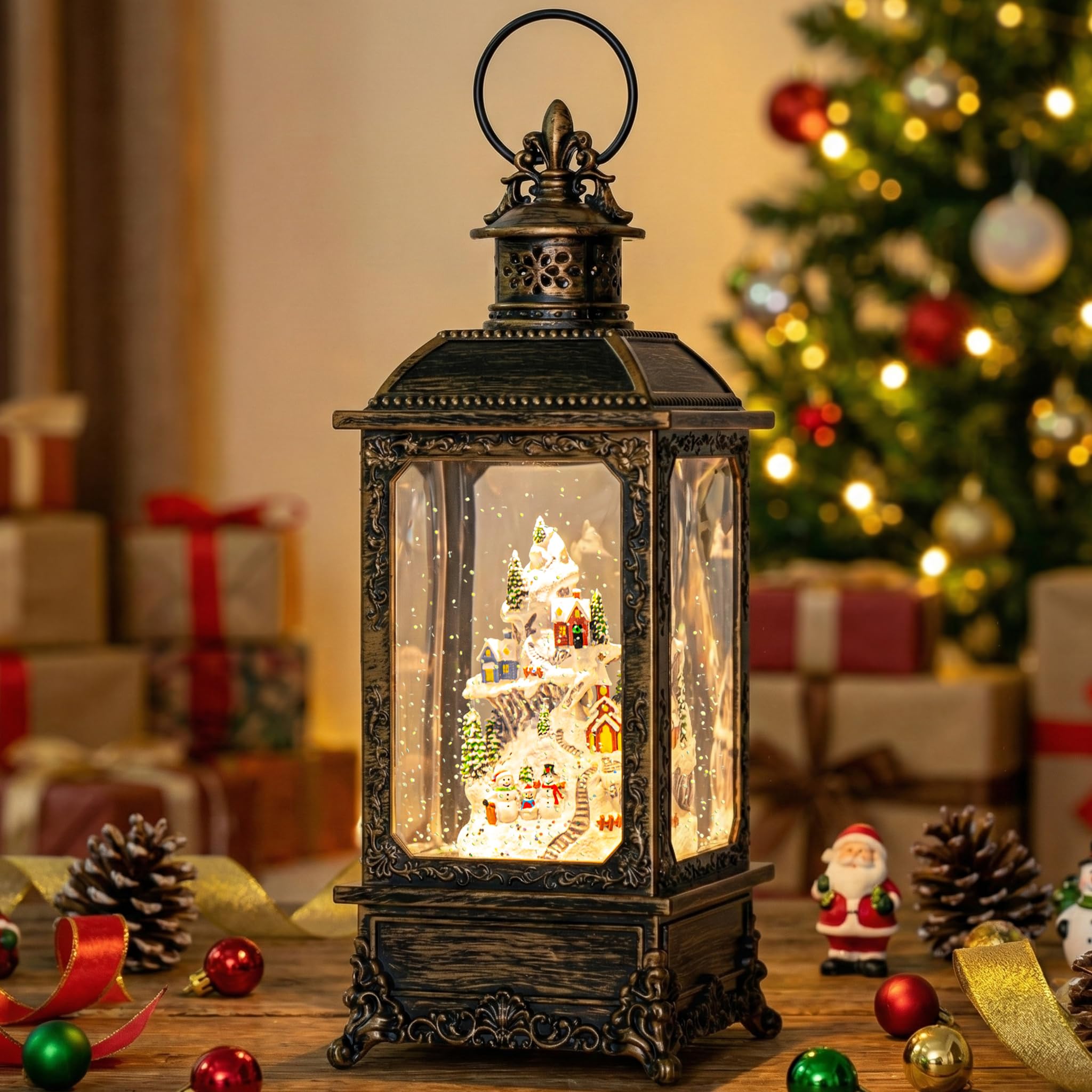 Christmas Village Snow Globe Lighted Snowy Mountain Village Scene ...
