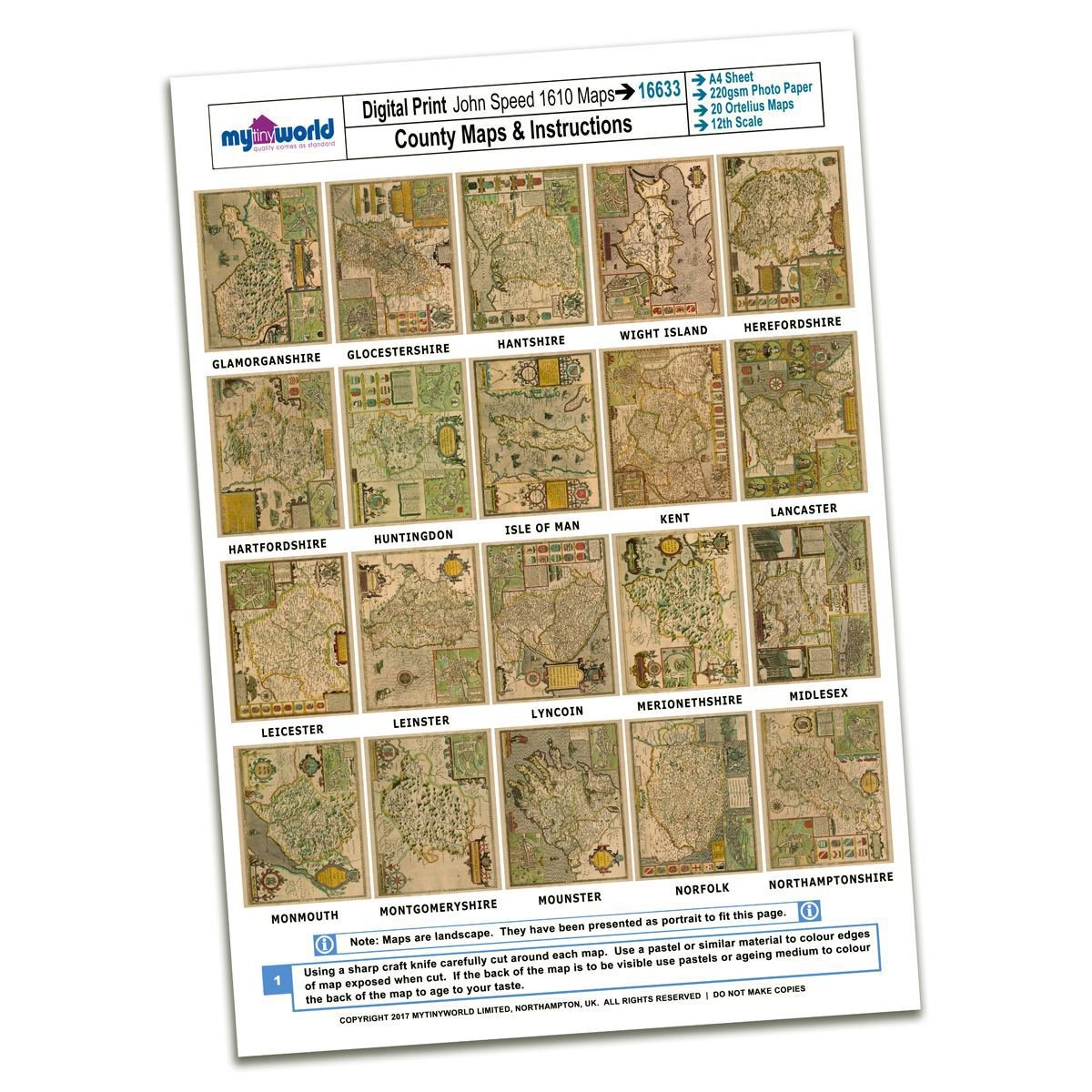 MyTinyWorld Dolls House 20 Aged John Speed UK County Maps A4 Value Sheet 2