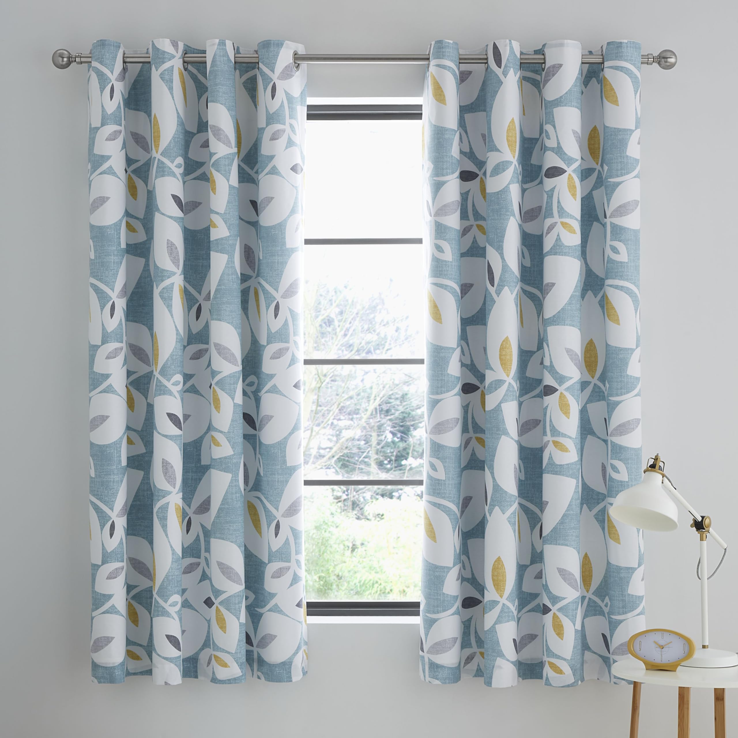 Catherine Lansfield Inga Leaf 66x72 Inch Lined Eyelet Curtains Two Panels Teal Green
