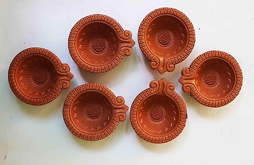 Bhagya Laxmi Handmade Terracotta Clay Diya | Festival Decoration Earthen Clay Diya for Diwali Navratri | Handmade Designer Clay Diya for Puja Decoration (Pack of 06 Diyas)