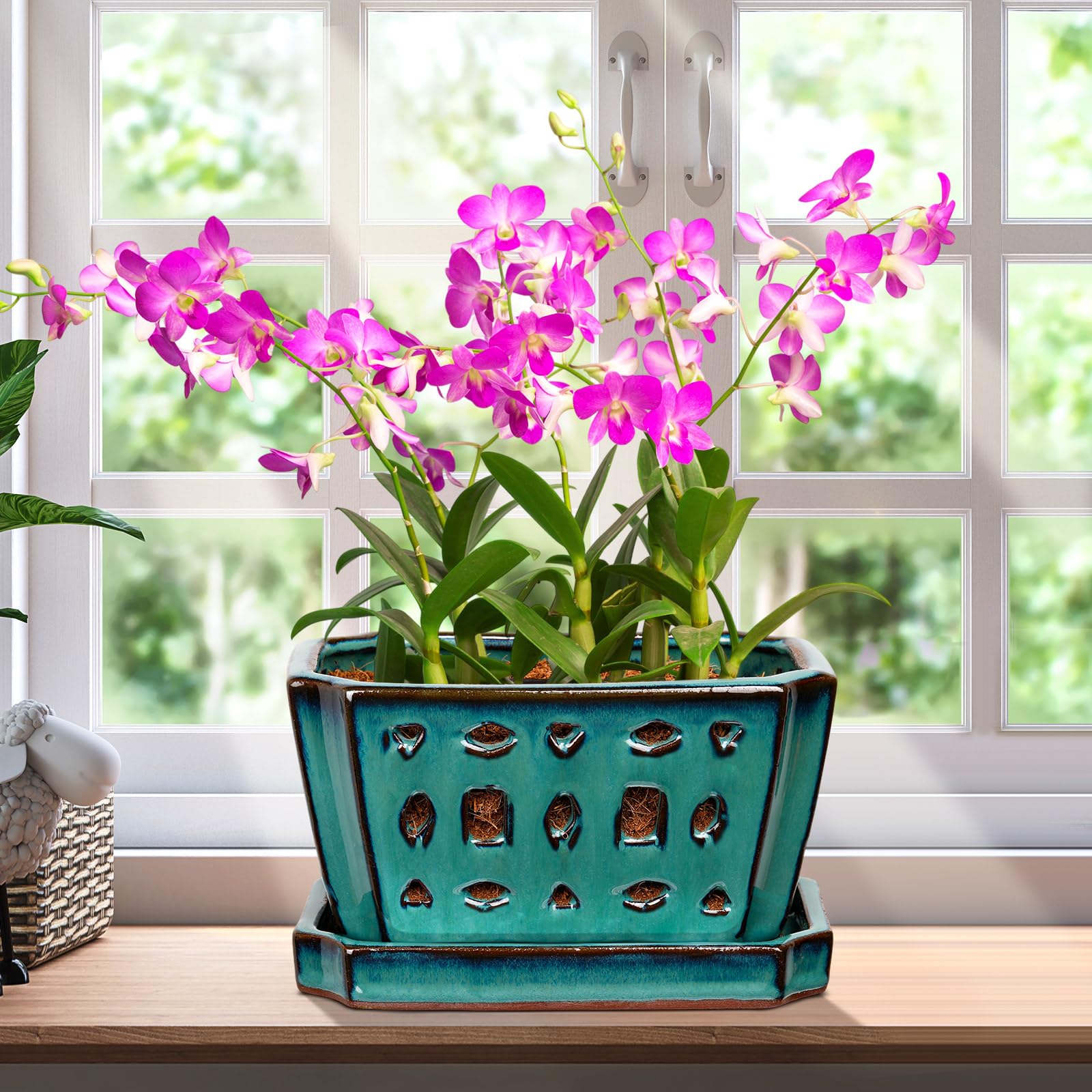 Photo 1 of Teenyyou 1 Set Orchid Pot with Holes 7 Inch Ceramic Orchid Pot with Saucers for Repotting Amaryllis Flower Planter Include Gardening Shovel Set and Gloves for Home Decor(Green)