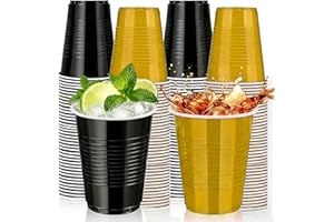 120 Count 18 oz Plastic Cups Black and Gold Disposable Cups Heavy Duty Party Cups Beer Drinking Cups Bulk for Birthday Weddin