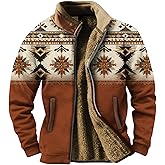 Xernbit Western Fleece Jacket Men Aztec Cowboy Vintage Print Coat Full Zipper Western Fall Winter Jacket Casual Warm Soft