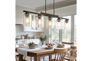 Amico Dining Room Light Fixture 5-Light Kitchen Island Lighting with Adjustable Rods, Farmhouse Decor Black Metal & Wood Chandelier with Seeded Glass Shade, Island Lights for Kitchen