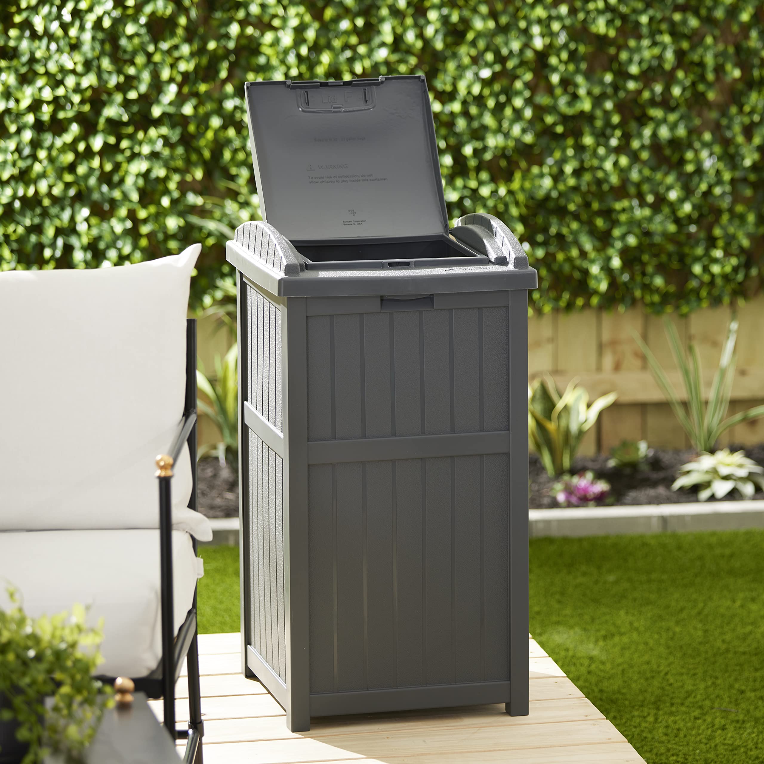Suncast Trash Hideaway 33 Gallon Rectangular Garbage Trash Can Bin with