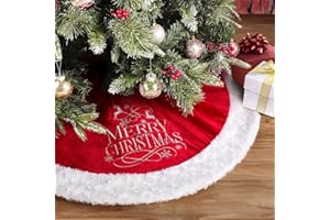 USILAND Christmas Tree Skirt, 48 32 Inches, Red Velvet with Deer Merry Christmas Embroidery, for Xmas Holiday Decorations Christmas Decor (32 inches)