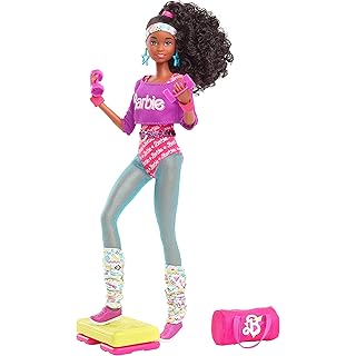 Barbie Rewind 80s Edition Workin’ Out Doll (11.5-in Brunette) Wearing Bodysuit, Legwarmers & Accessories, with Cassette Tape Doll Stand, Gift for Collectors