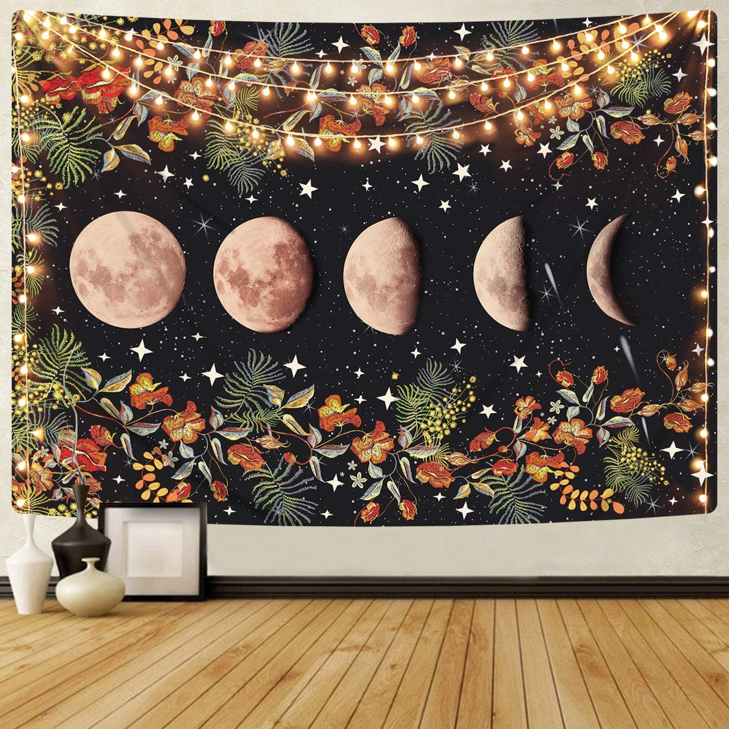 SROOD Moonlit Garden Wall Hanging, Moon Phase Floral Tapestry with Black Background (150cm x 200cm)