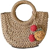 Womens Straw Beach Bag with Pom Pom Tassels Woven Crossbody Shoulder Bags Top Handle Satchel Handbag Purse for Summer