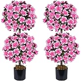 MHMJON Topiary Trees Double Ball Artificial Camellia Tree with 285 Blooming Flowers Set of 2 Faux Plants Outdoor Indoor Fake Shrubs 3FT/35 in for Front Porch Home Office Decor