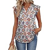 OFEEFAN Summer Tops for Women Button Down Blouses for Women Dressy Casual V Neck T Shirts Ruffle Sleeve