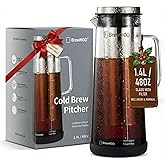 BrewMOO- Airtight Cold Brew Coffee Maker Pitcher, 1.4L/48Oz Thick Glass Carafe with Filter, Comfort Sturdy Handle & Wide Spout, Non-Slip Base | Iced Tea Maker (Black)