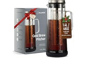 BrewMOO- Airtight Cold Brew Coffee Maker Pitcher, 1.4L/48Oz Thick Glass Carafe with Filter, Comfort Sturdy Handle & Wide Spout, Non-Slip Base | Iced Tea Maker (Black)