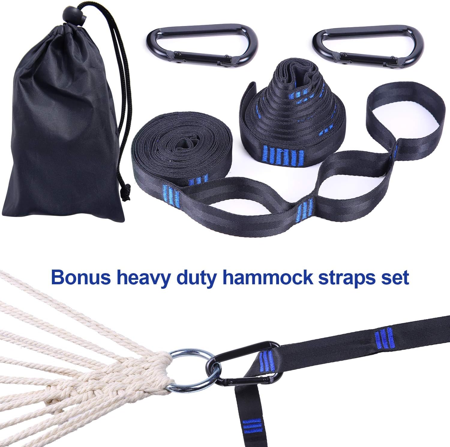 Ohuhu Double Hammock Swing with Tree Straps, Folding Curved-Bar Design 2020 Upgraded Space-Saving Bamboo Hammock with Carrying Bag, Portable Hammock for Patio, Backyard, Camping, Beach, Blue Stripe: Furniture & Decor