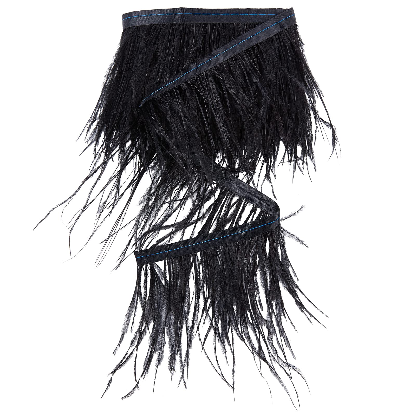 GORGECRAFT 2 Yards Ostrich Feather Trim Fringe Black Fluffy Ostrich Plumes Fringe with Satin Ribbon Tape for DIY Sewing Crafts Dress Carnival Costumes Stage Clothes Wedding Decoration, 8-10cm Width