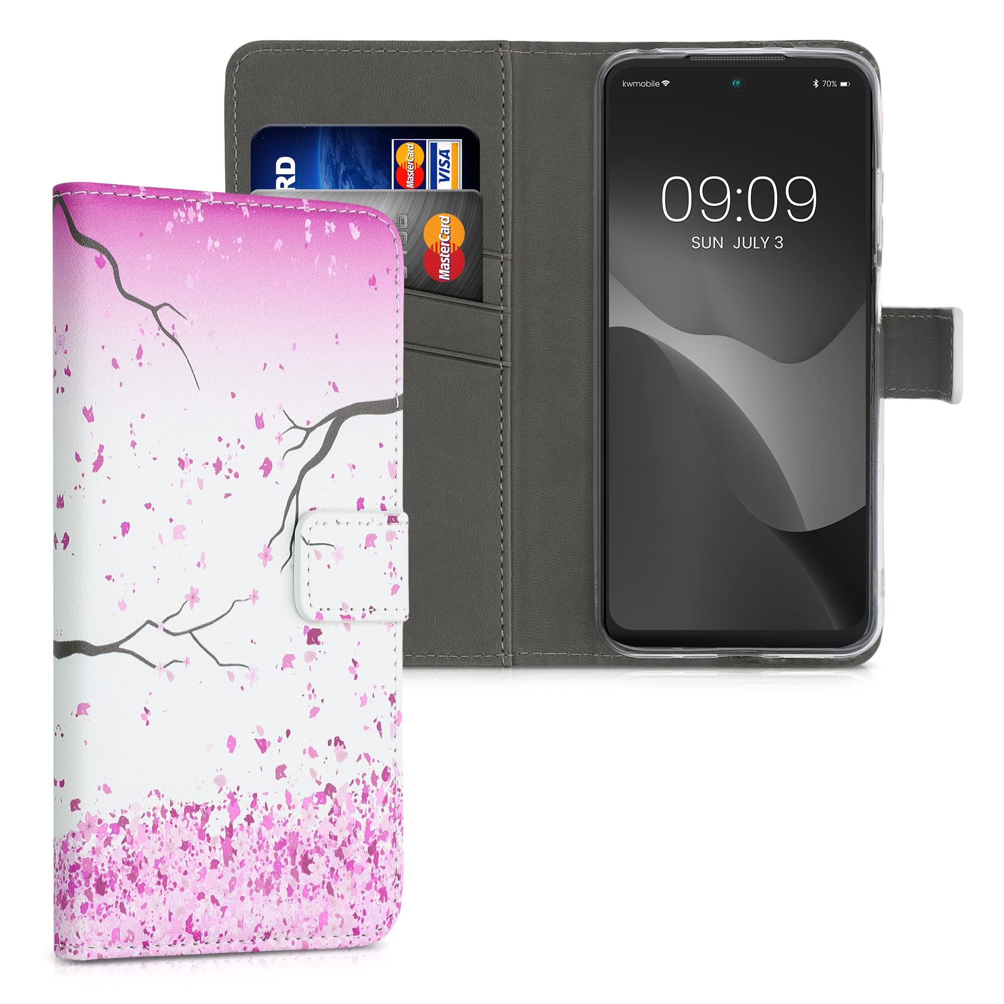 kwmobile Wallet Case Compatible with Xiaomi Redmi 10 (2021/2022) Case for Phone - Cherry Blossoms Pink/Dark Brown/White — image 1
