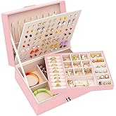 Earrings Jewelry Box for Girls, Large Capacity Jewelry Organizer with 40-Pair Earring Board, 2-Layer Leather Jewelry Storage Box for Necklaces Rings Bracelets with Removable Tray(Gift Idea),Pink