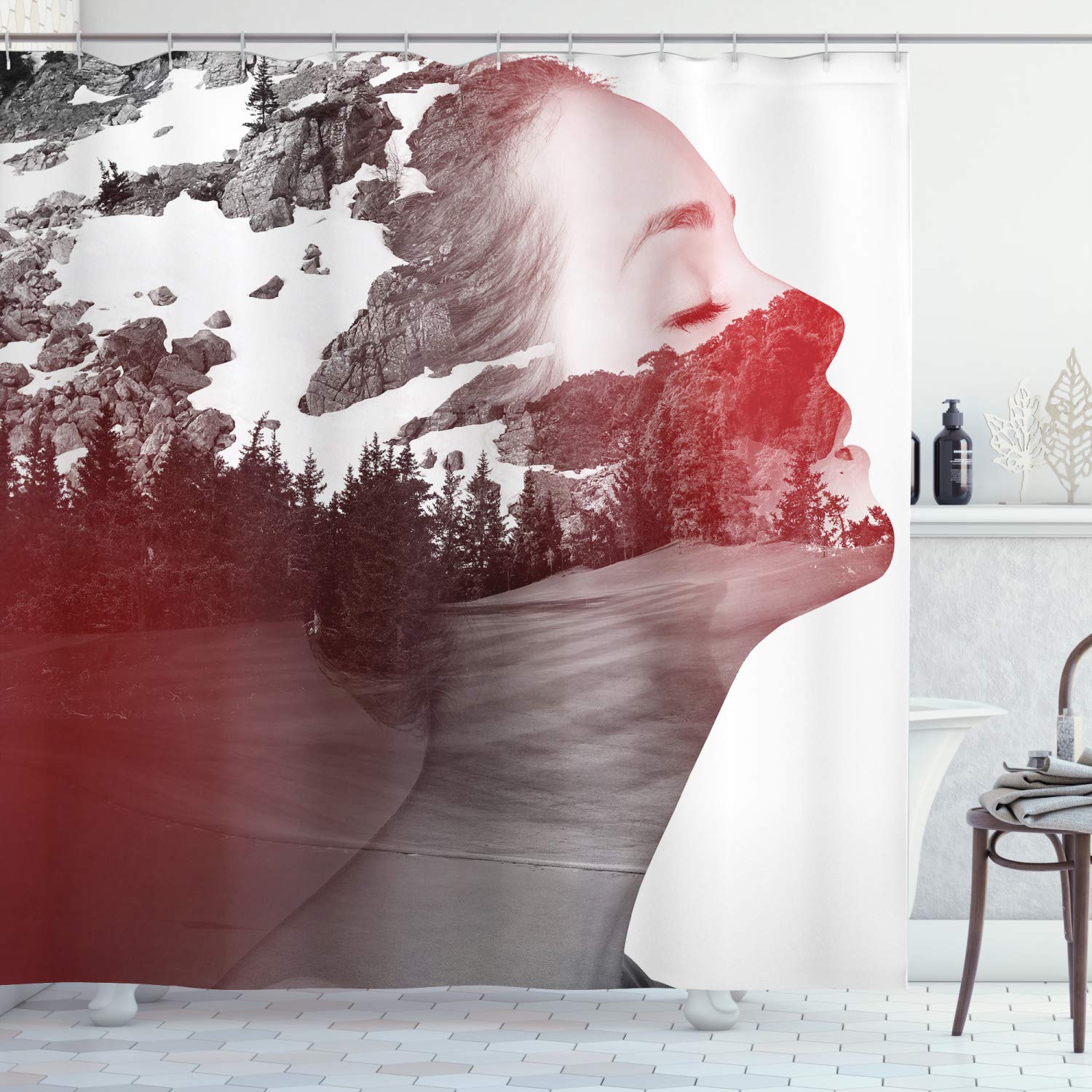 ABAKUHAUS Modern Shower Curtain, Double Exposure Woman Portrait Combined with Rocky Mountain Pine Trees Image, Cloth Fabric Bathroom Decor Set with Hooks, 86 Inches Extra Long, Dimgrey Ruby White