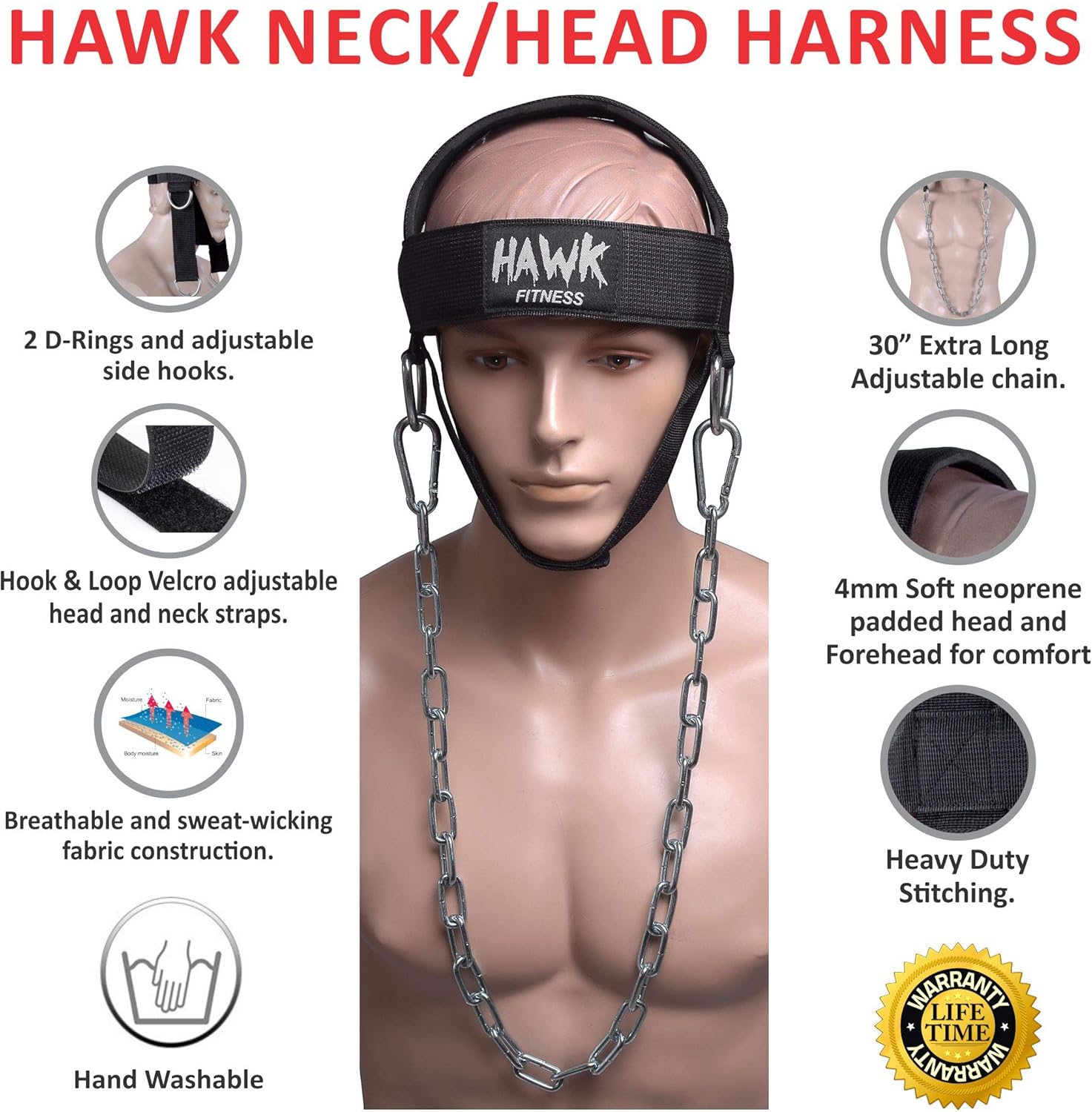 Hawk Sports Neck Harness Neck Exerciser Builder Support for Strength & Resistance Training Weight Lifting Head Harness for Stronger Neck & Traps with Adjustable Neck Strap & Steel Chain (Black) : Sports & Outdoors