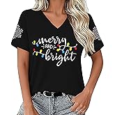 Qskall Merry and Bright V-Neck Shirt for Women Merry Christmas Shirts Xmas Holiday Tee Tops