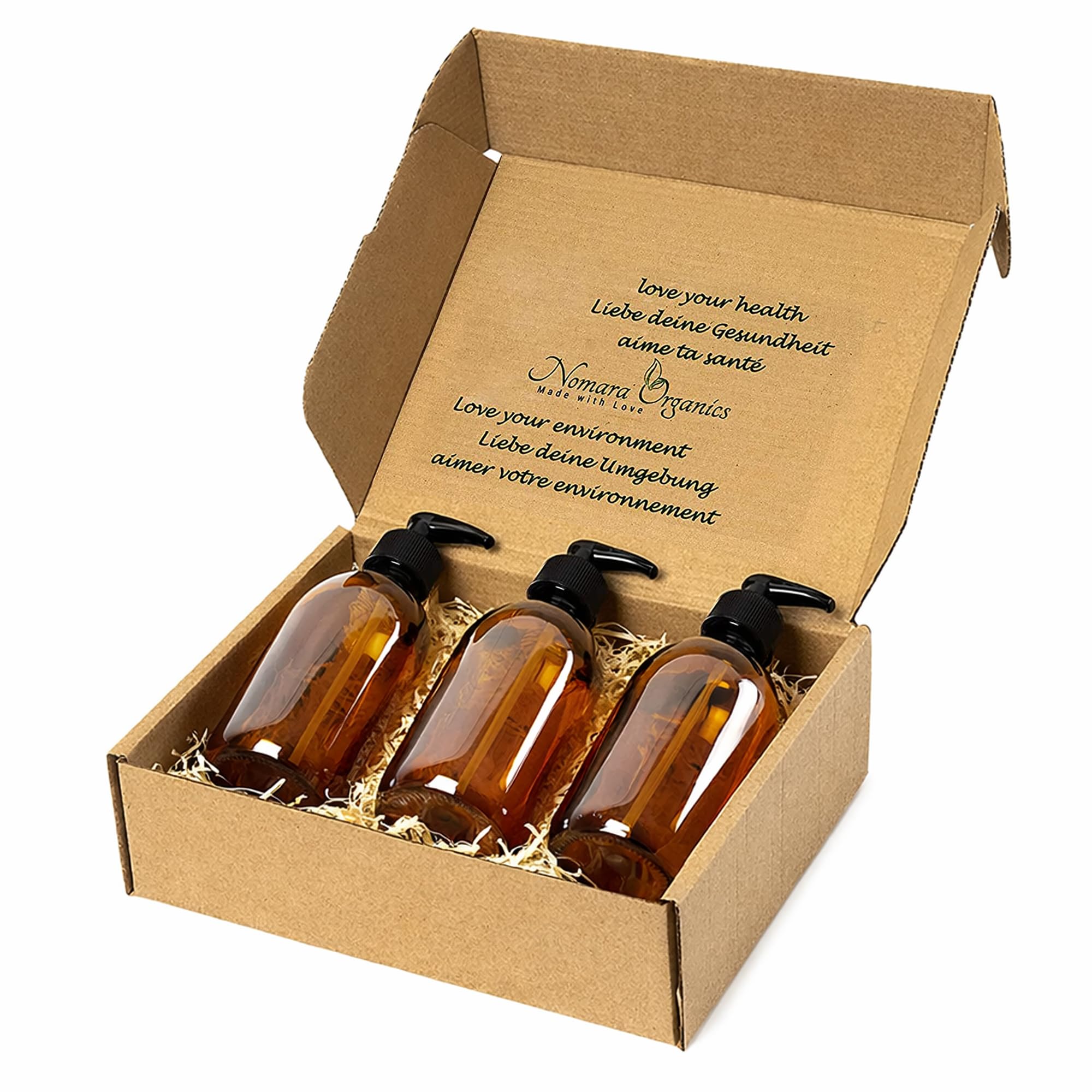 Nomara Organics Amber Glass Soap Dispenser - 3 Pack of 300mL Bottles with Lockable Pumps for Handwash, Lotion, Facial Soap, Gift Set, BPA Free, Refillable.