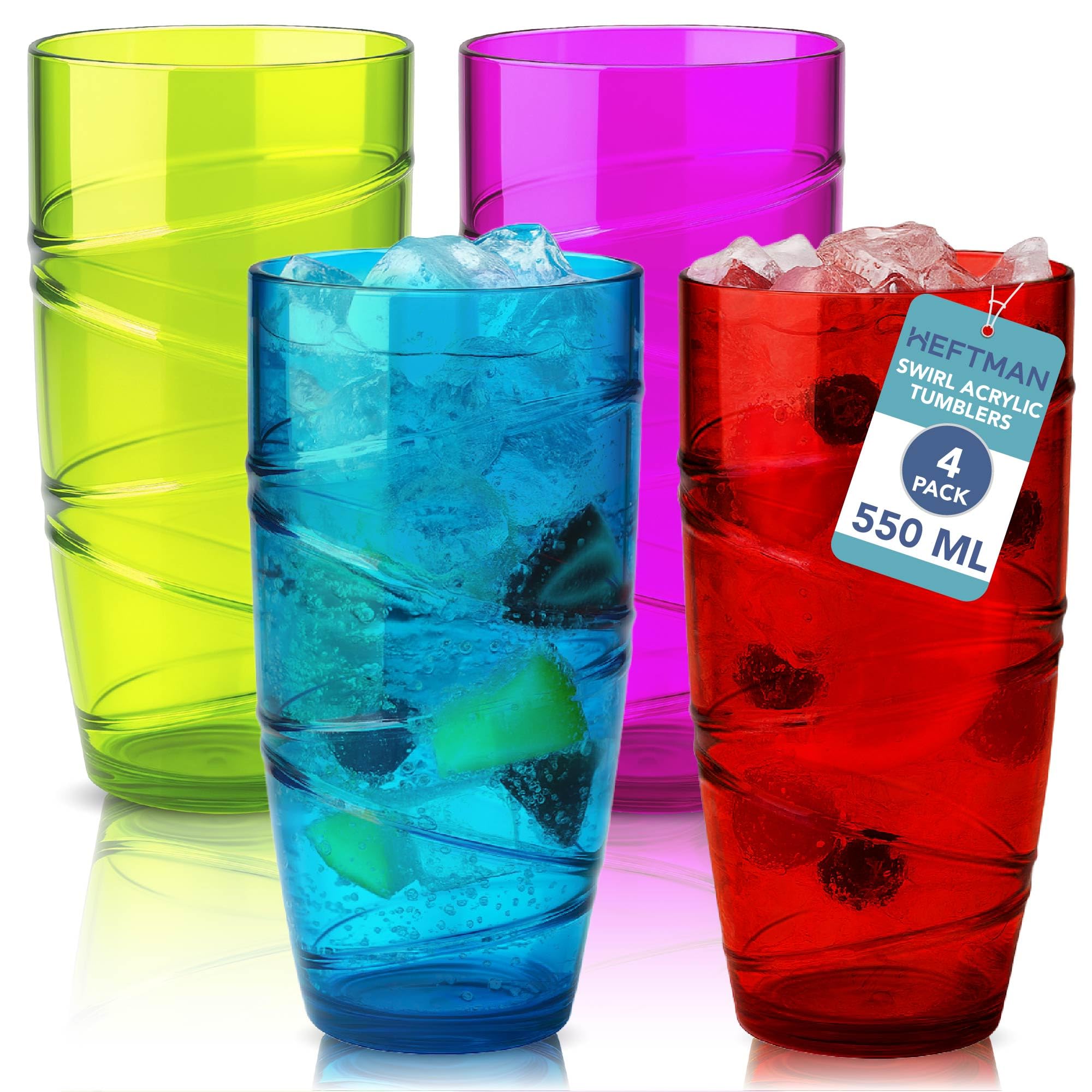 HEFTMAN Plastic Tumblers Set of 4-550ml Acrylic Tumbler Glasses with Swirl Design, Stackable Re-usable Plastic Tumblers for Adults - Garden, Picnics, Camping, BBQs, Parties (Coloured)