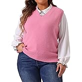 Agnes Orinda Plus Size Sweater Vest for Women V Neck Knit Vests Solid Classic Sleeveless Pullover Sweaters Tops