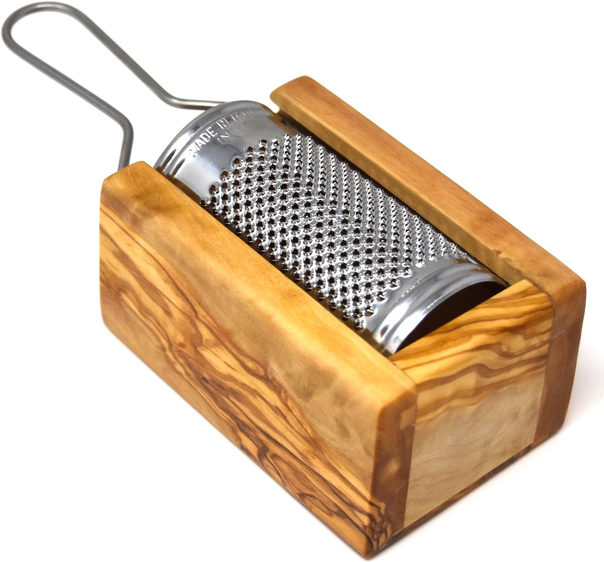 Lashuma Premium Fine Cheese Grater with Storage Container | Hand Made Olive Wood/Stainless Steel Kitchen Grater 12 x 7 x 6 cm