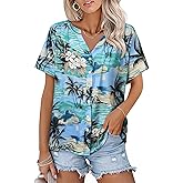 Womens Hawaiian Shirts V Neck Short Sleeve Button Floral Printed T-Shirt Summer Casual Pleated Trendy Blouses Tops
