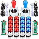 EG STARTS 2 Player Arcade Games DIY Kit Parts 2 Ellipse Oval Joystick Handles + 20 LED lit Arcade Buttons (Red & Blue Kit)