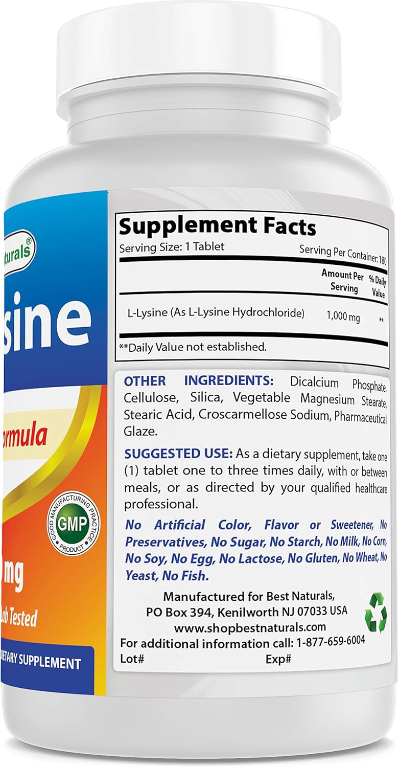 Best Naturals L-Lysine 1000mg 180 Tablets - Double Strength Lysine for stronger immune health & cold sores: Health & Personal Care